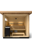 Kohler C2 sauna interior view with light wood with accent lighting on eaves shown with indirect lighting on the back wall, heater and benches