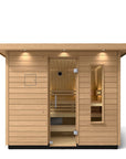 Kohler C2 sauna exterior with light wood front view with accent lighting on eaves and clear glass door