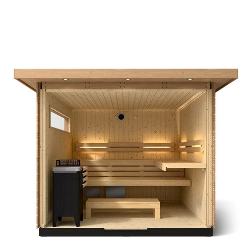 Kohler C2 sauna interior view with light wood with accent lighting on eaves shown with indirect lighting on the back wall, heater and benches