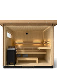 Kohler C2 sauna interior view with light wood with accent lighting on eaves shown with indirect lighting on the back wall, heater and benches