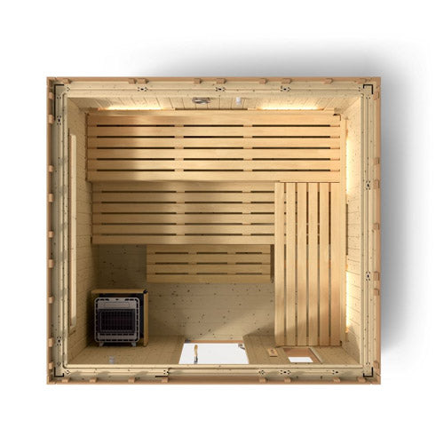 Kohler C2 sauna top view with light wood shown with indirect lighting on the back wall, heater and benches