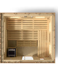 Kohler C2 sauna top view with light wood shown with indirect lighting on the back wall, heater and benches