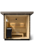 Kohler C2 Sauna Weathered Spruce interior view with indirect lighting on the eaves, heater in the front left and two levels of wooden benches