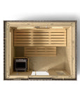 Kohler C2 Sauna Weathered Spruce top interior view with indirect lighting on back walls, heater to the bottom left and several levels of wooden benches 