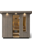 Kohler C2 Sauna Weathered Spruce exterior front view with indirect lighting on the eaves and a clear glass door