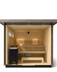 Kohler C2 Sauna Weathered Spruce interior view with indirect lighting on the eaves, heater in the front left and two levels of wooden benches