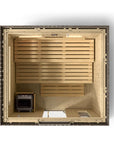 Kohler C2 Sauna Weathered Spruce top interior view with indirect lighting on back walls, heater to the bottom left and several levels of wooden benches