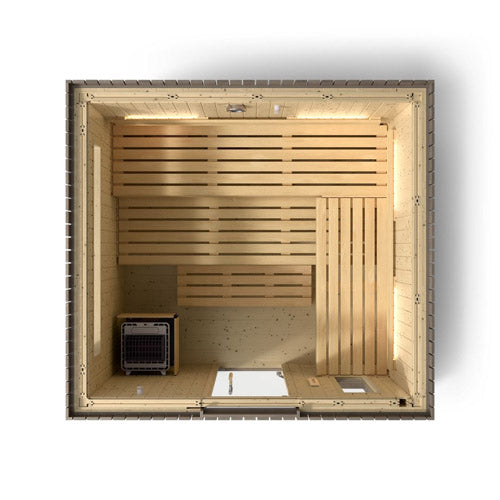 Kohler C2 Sauna Weathered Spruce top interior view with indirect lighting on back walls, heater to the bottom left and several levels of wooden benches 