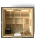 Kohler C2 Sauna Weathered Spruce top interior view with indirect lighting on back walls, heater to the bottom left and several levels of wooden benches 