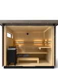Kohler C2 Sauna Weathered Spruce interior view with indirect lighting on the eaves, heater in the front left and two levels of wooden benches