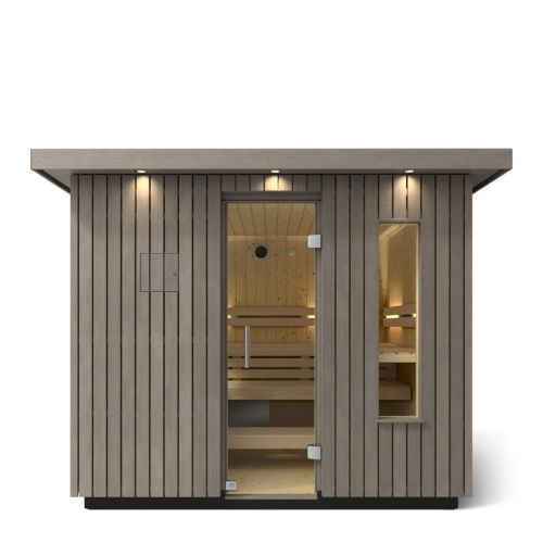 Kohler C2 Sauna Weathered Spruce exterior front view with indirect lighting on the eaves and a clear glass door