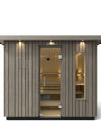Kohler C2 Sauna Weathered Spruce exterior front view with indirect lighting on the eaves and a clear glass door