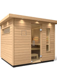 Kohler C2 sauna exterior with light wood angled with accent lighting on eaves and clear glass door