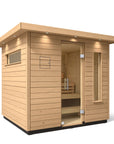 Kohler C2 sauna exterior with light wood angled with accent lighting on eaves and clear glass door