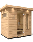 Kohler C2 sauna exterior with light wood angled with accent lighting on eaves and clear glass door