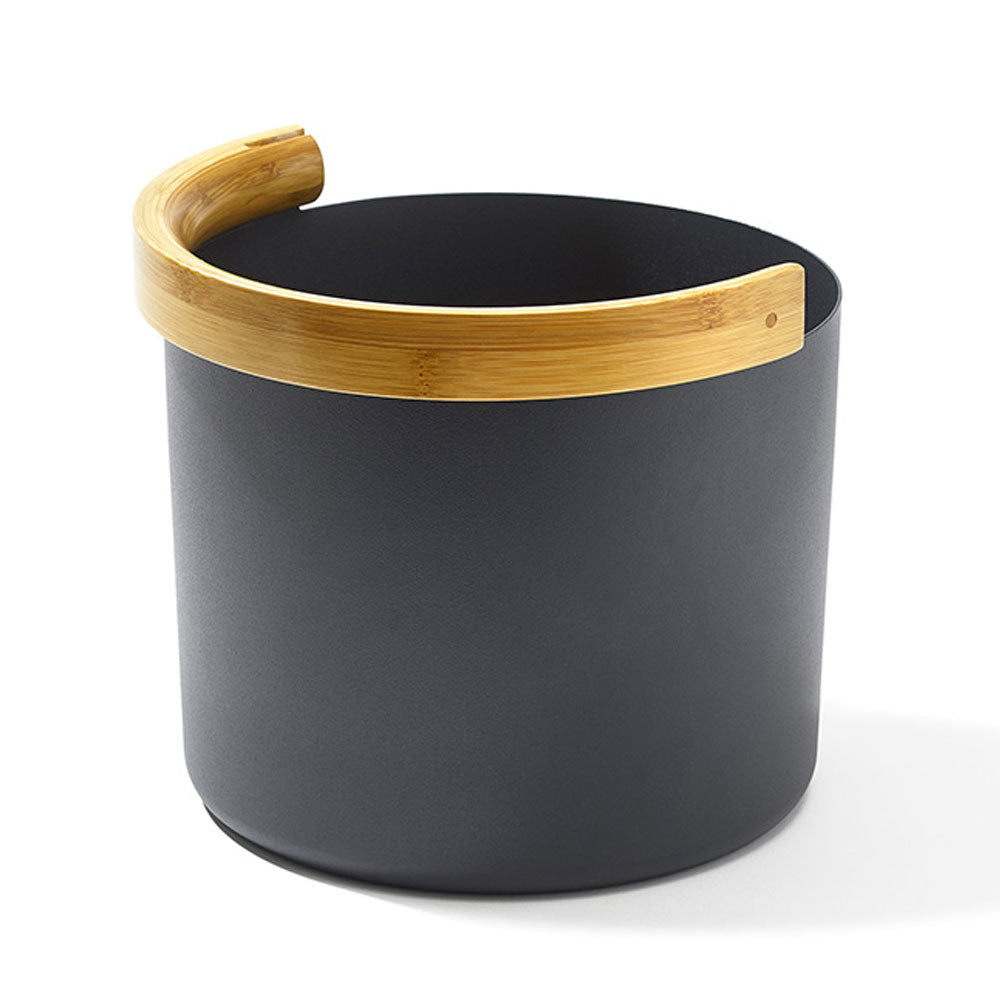 black aluminum sauna bucket with round bamboo handle with a white background