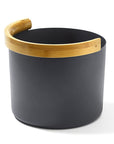 black aluminum sauna bucket with round bamboo handle with a white background