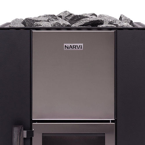 Narvi Kuru Sauna Stove close up front view with small glass door and wooden handle. grey stones on the top. Narvi logo in view