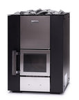 Narvi Kuru Sauna Stove front angled view with small glass door and wooden handle. grey stones on the top