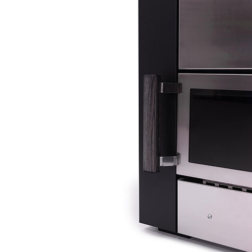 Narvi Kuru Sauna Stove bottom angled view with small glass door and wooden handle.