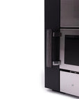 Narvi Kuru Sauna Stove bottom angled view with small glass door and wooden handle.