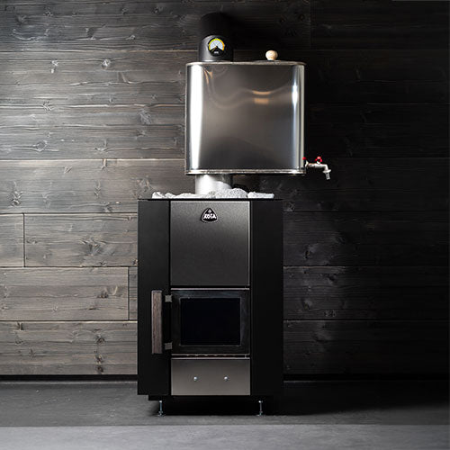 Narvi Kuru Sauna Stove full front view with stainless steel component attached to top