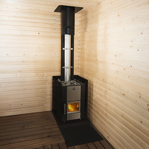 Narvi Kuru Sauna Stove place inside sauna in use. fire  burning in lower glass door compartment