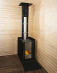 Narvi Kuru Sauna Stove place inside sauna in use. fire  burning in lower glass door compartment