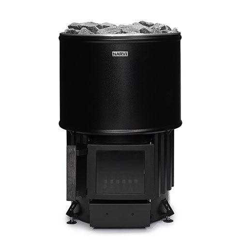 Narvi Luosto Sauna Stove full view with grey rocks filled to top