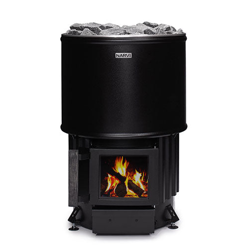 Narvi Luosto Sauna Stove full front view with wood burning on bottom