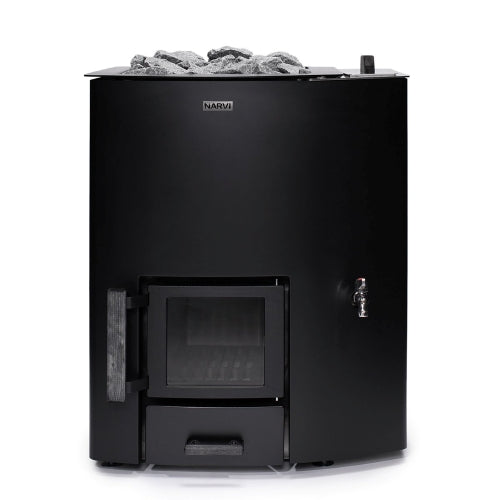 Narvi NC20 Sauna Stove Black front view with grey stones on top