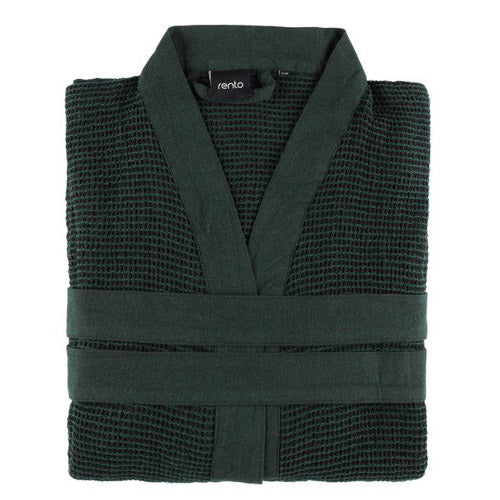 Dark green waffle-textured sauna robe with a belt on a white background