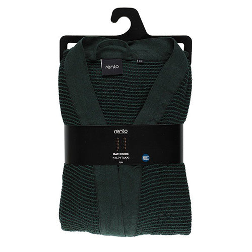A dark forest green ribbed  sauna robe folded and hanging on a black hanger, wrapped in a black paper band with the brand name 'rento' visible.