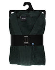 A dark forest green ribbed  sauna robe folded and hanging on a black hanger, wrapped in a black paper band with the brand name 'rento' visible.