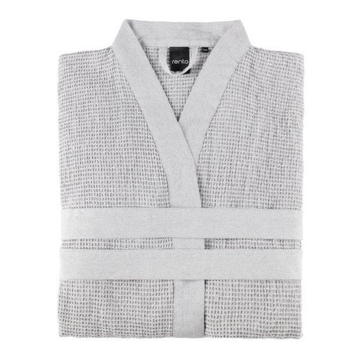 A light gray waffle-knit sauna robe with a matching waist belt, neatly folded and displayed against a solid white background. The brand label 'rento' is visible inside the collar.