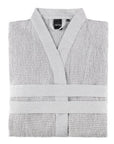 A light gray waffle-knit sauna robe with a matching waist belt, neatly folded and displayed against a solid white background. The brand label 'rento' is visible inside the collar.