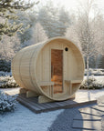 Finnish Sauna Builders Turku 6-Person Outdoor Barrel Sauna Nordic Spruce with Terrace