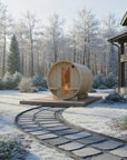 Finnish Sauna Builders Turku 6-Person Outdoor Barrel Sauna Nordic Spruce with Terrace