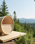 Finnish Sauna Builders Turku 6-Person Outdoor Barrel Sauna Nordic Spruce with Terrace