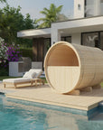 Finnish Sauna Builders Turku 6-Person Outdoor Barrel Sauna Nordic Spruce with Terrace