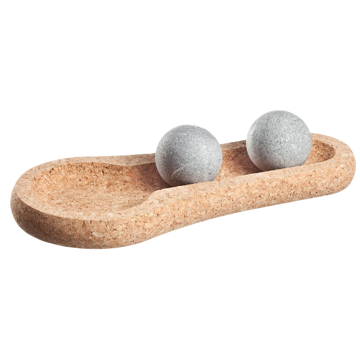 Cork tray with two grey sauna stones on a white background