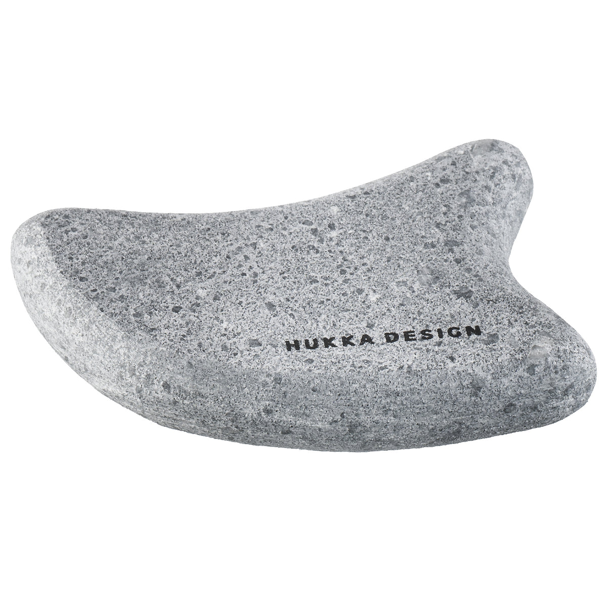 Gray guasha sauna stone with 'Hukka Design' branding on a white background