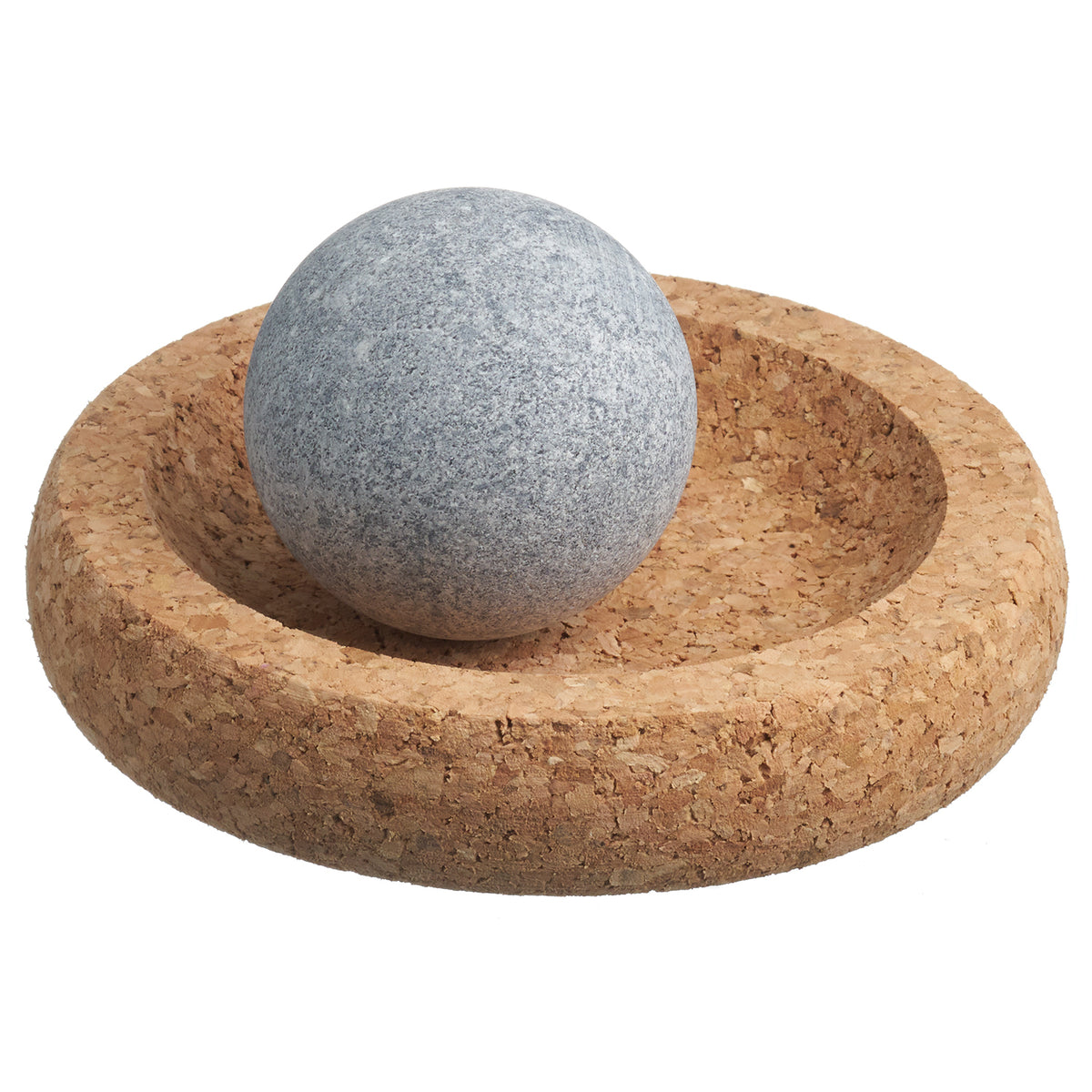 Cork bowl with a gray stone ball on a white background