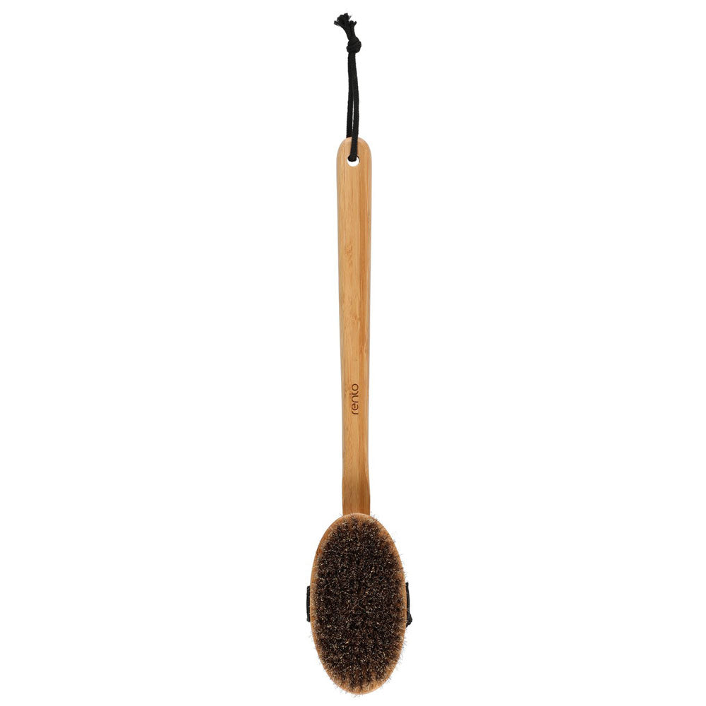 A bamboo-handled body brush with dark brown bristles and a black hanging cord, shown against a plain white background.