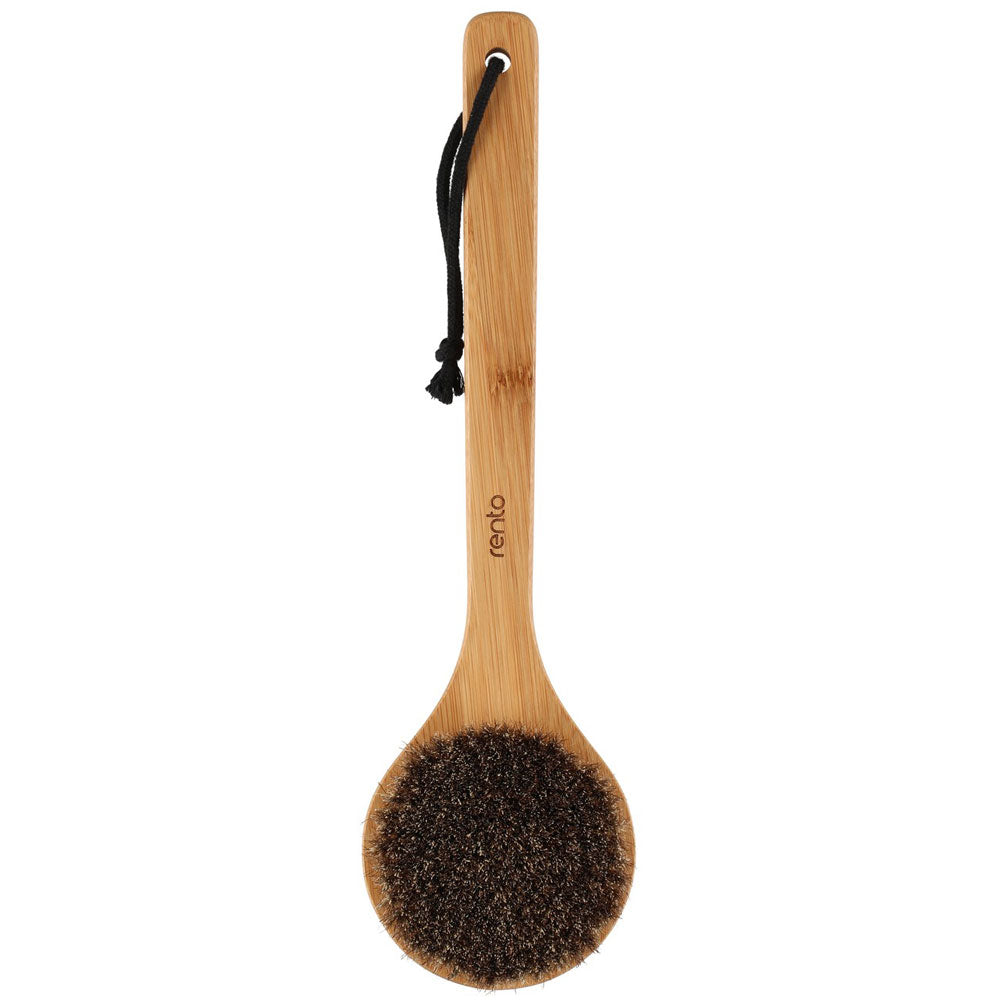 A bamboo-handled scrubber brush with dark brown bristles and a black hanging cord, shown on a plain white background.