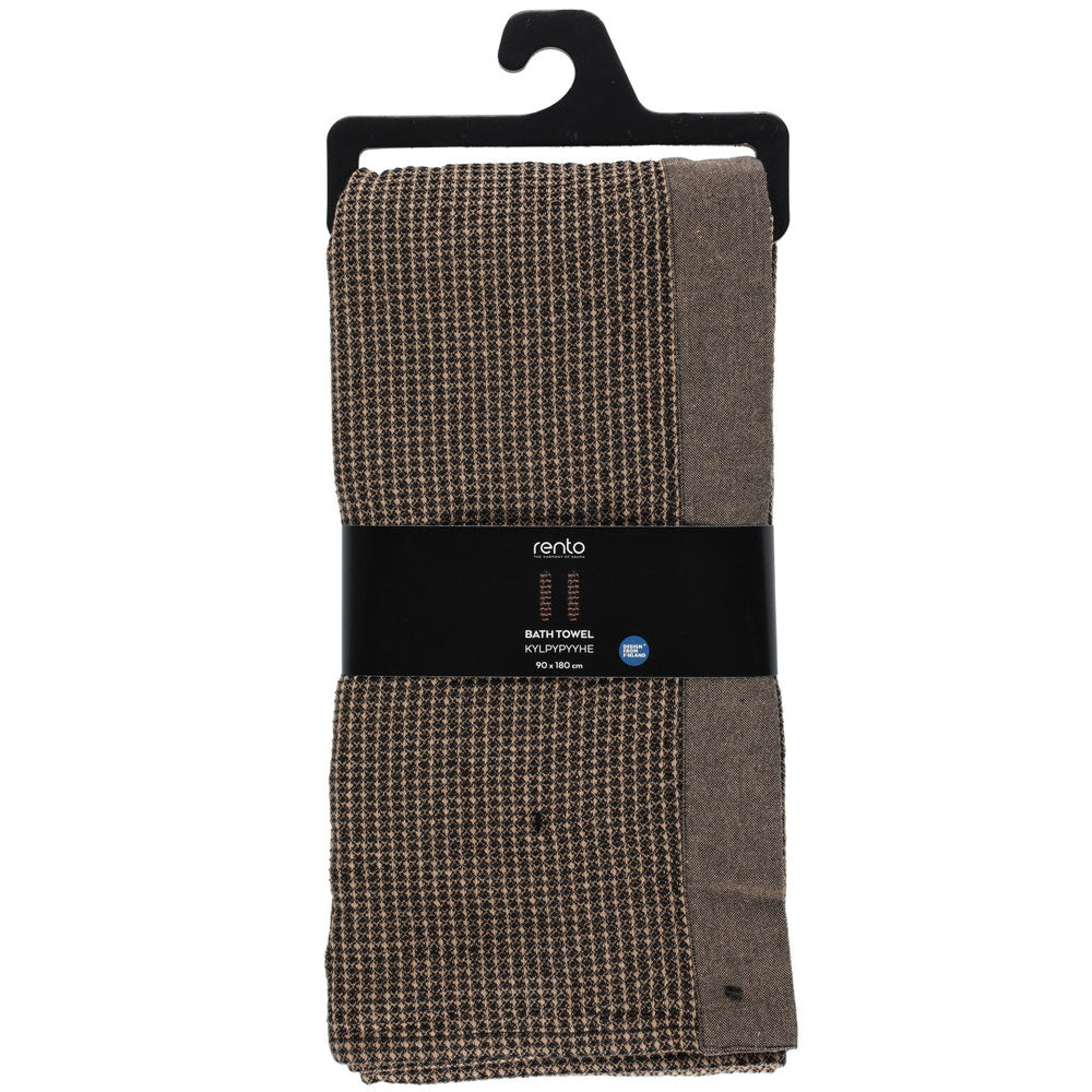 brown textured towel folded with a black band and Rento logo