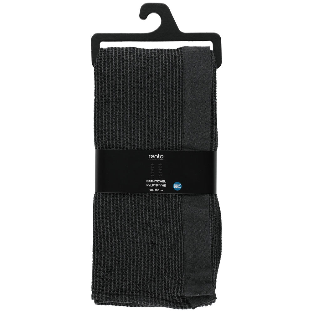 dark grey textured towel folded with a band of black and Rento logo
